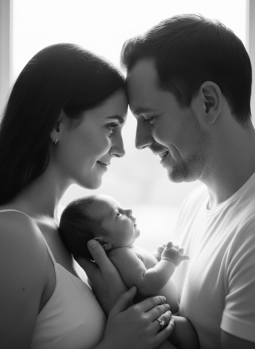 ИИ-фотосессия по фото: черно-белый семейный портрет родителей с новорожденным ребенком в мягком контровом свете у окна