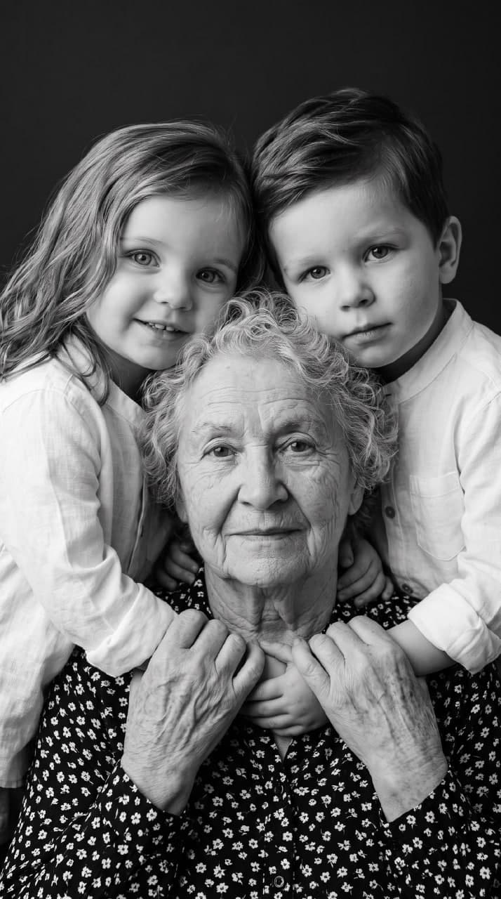 ИИ-фотосессия по фото: черно-белый студийный портрет пожилой женщины и двух обнимающих ее маленьких внуков на темном фоне.