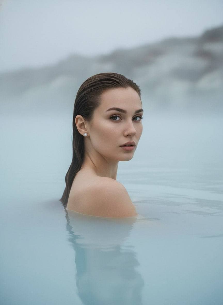 ИИ-фотосессия по фото: женский портрет в молочно-голубой воде термального источника среди тумана с мокрыми волосами.