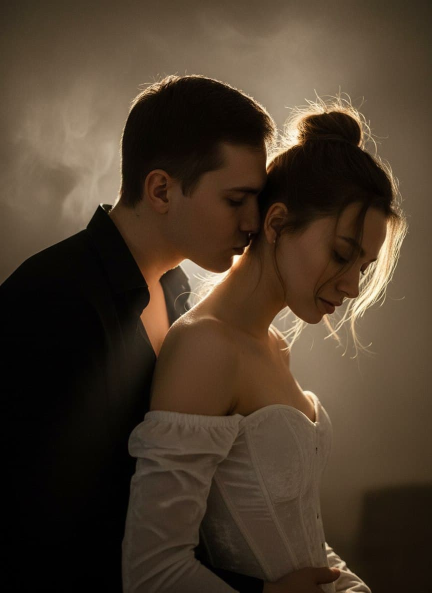ИИ-фотосессия по фото: мужчина в черной рубашке нежно обнимает девушку в белом корсете в контровом теплом свете