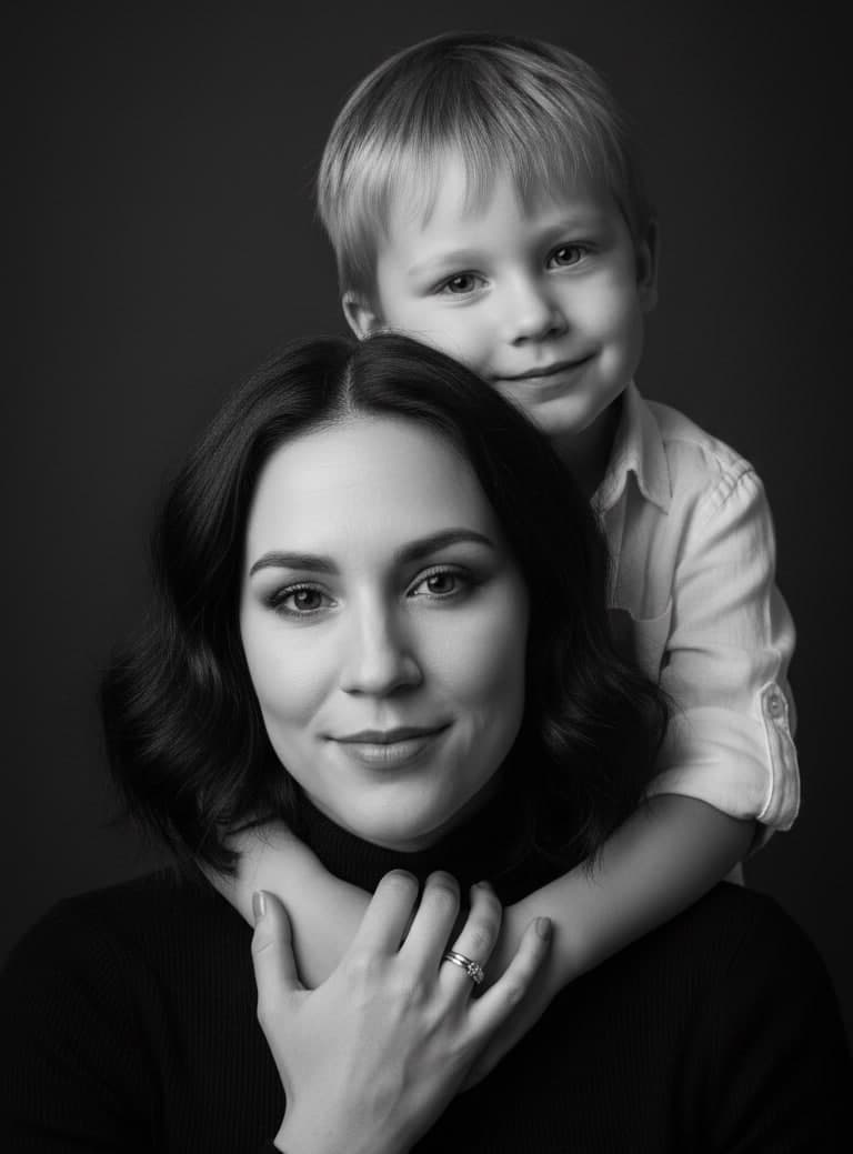 ИИ-фотосессия по фото: черно-белый студийный портрет крупным планом, где маленький сын обнимает маму за шею со спины на темном фоне.