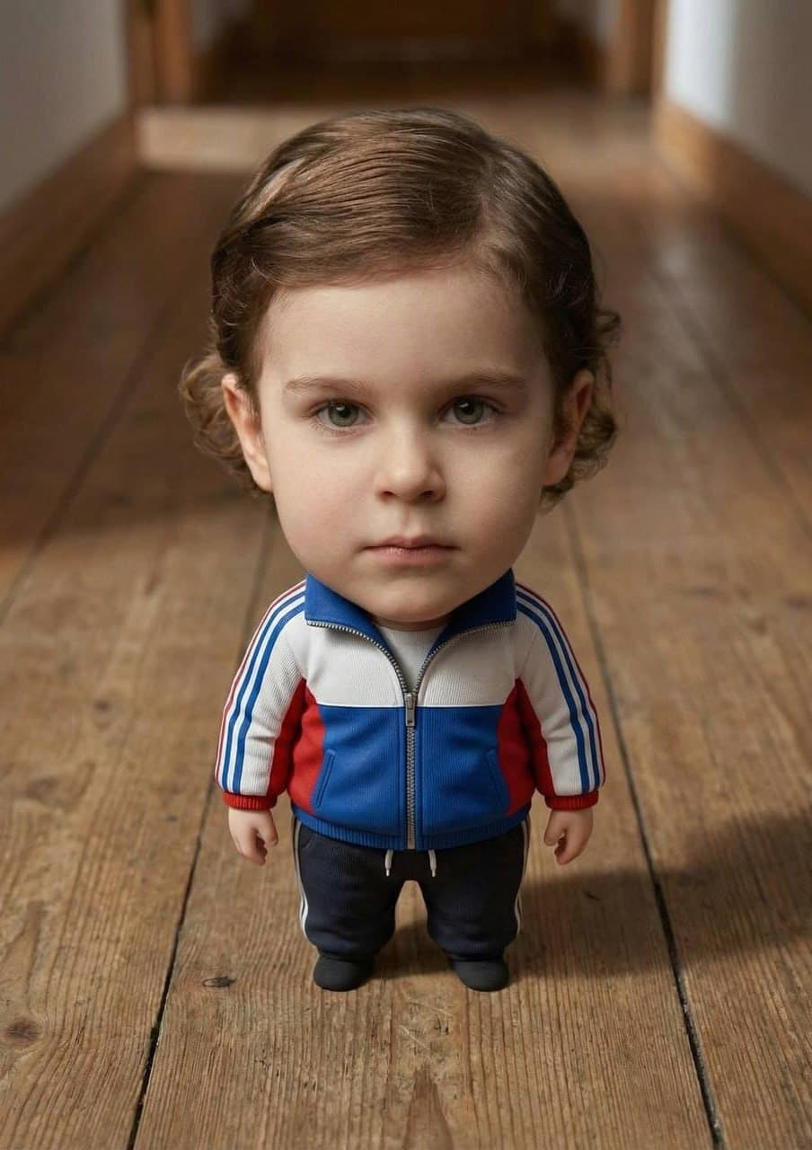 ИИ-фотосессия по фото: забавная миниатюрная фигурка bobblehead с большой головой в олимпийке на деревянном полу коридора