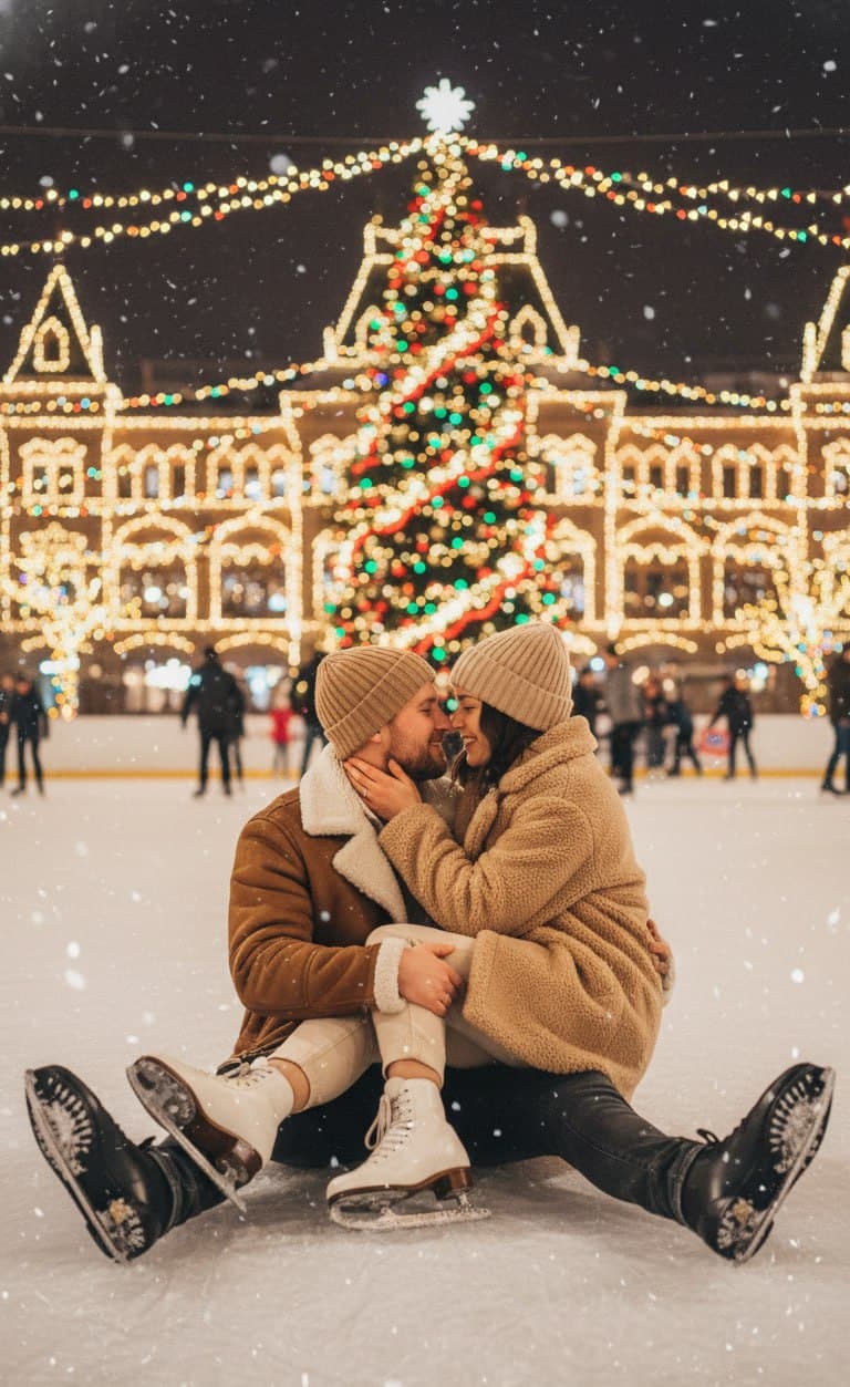 ИИ-фотосессия по фото: влюбленная пара сидит на льду вечернего катка в теплых куртках и коньках на фоне новогодней елки и иллюминации.