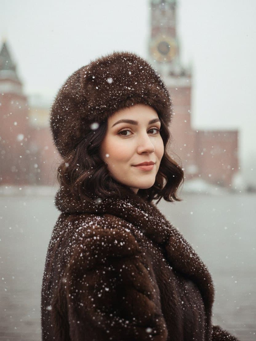 ИИ-фотосессия по фото: девушка в коричневой меховой шапке и шубе на фоне Красной площади во время снегопада.