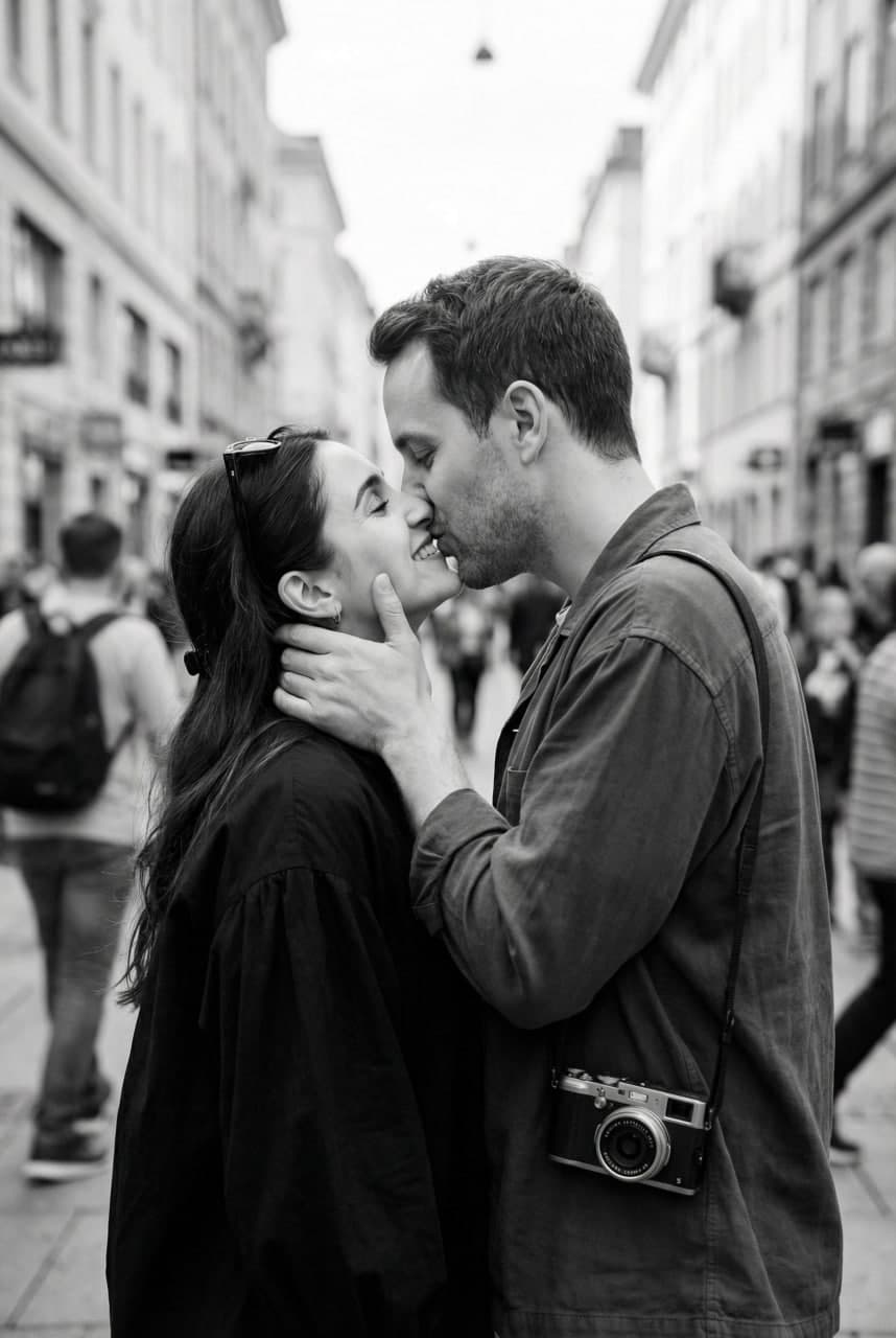 ИИ-фотосессия по фото: чёрно-белый кадр целующейся пары на многолюдной улице, мужчина держит девушку за щёку, на плече висит фотоаппарат.