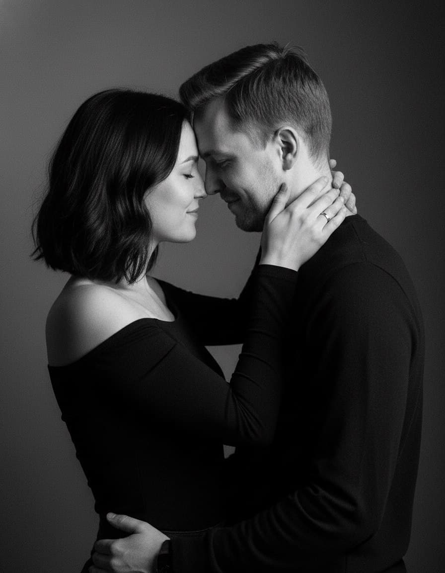 ИИ-фотосессия по фото: чёрно-белый поясной портрет мужчины и женщины в чёрной одежде, прижавшихся лбами друг к другу на нейтральном студийном фоне.