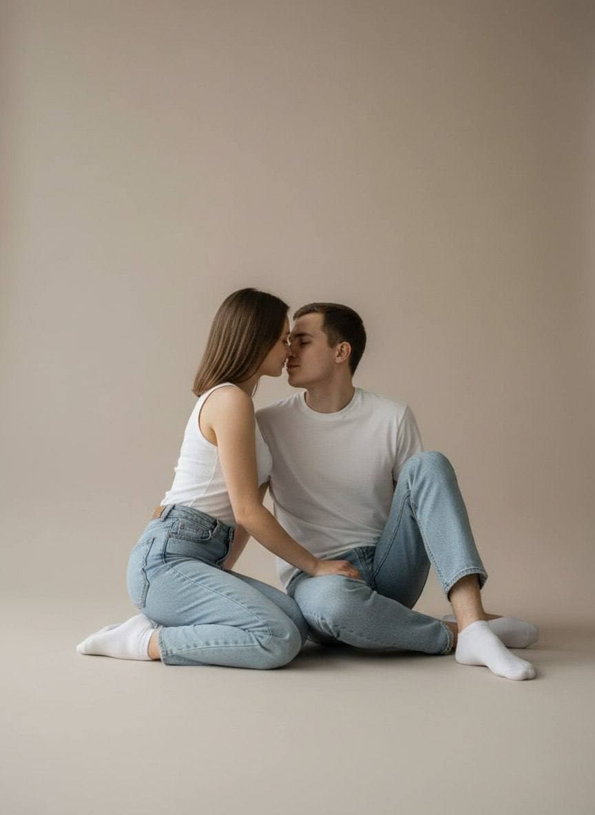 ИИ-фотосессия по фото: влюбленная пара в белых футболках и светлых джинсах сидит на полу в студии на бежевом фоне.
