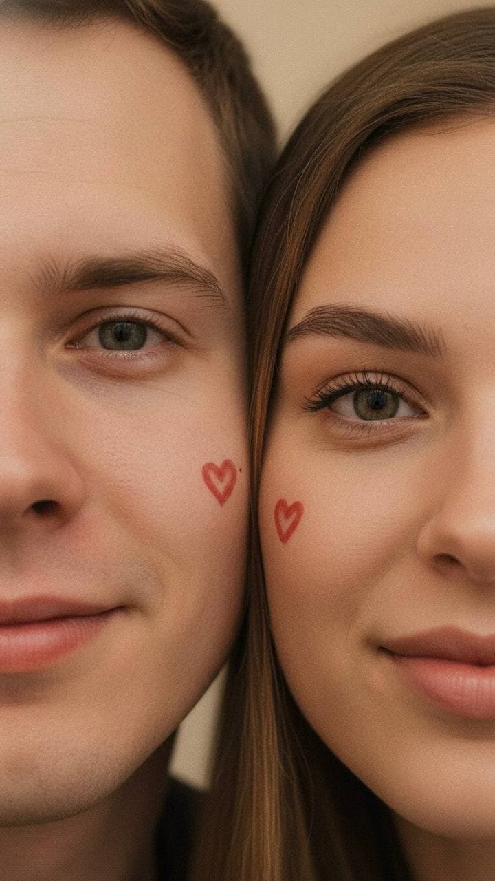 ИИ-фотосессия по фото: экстремально крупный план пары, соприкасающейся щеками, с нарисованными красными сердечками на лицах.