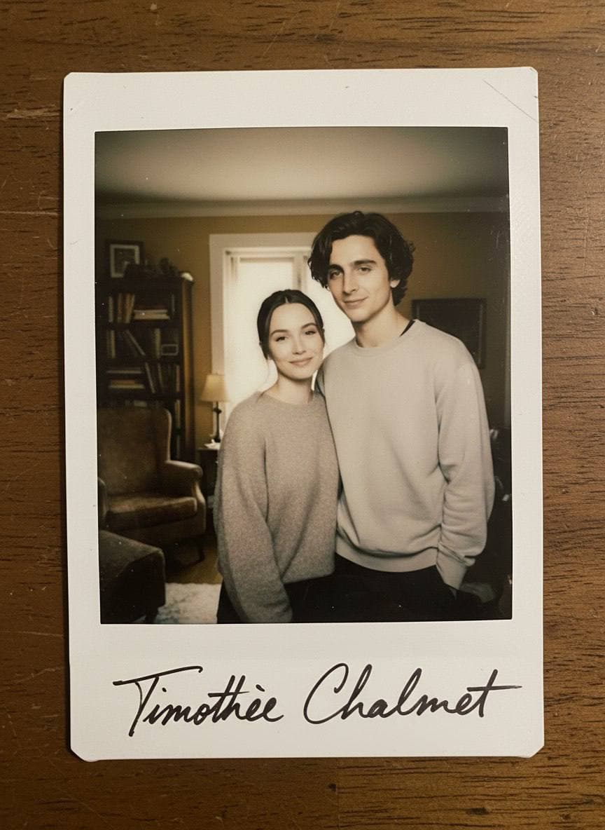 ИИ-фотосессия по фото: винтажный снимок Polaroid с парой в свитерах в уютной комнате и автографом на белой рамке.