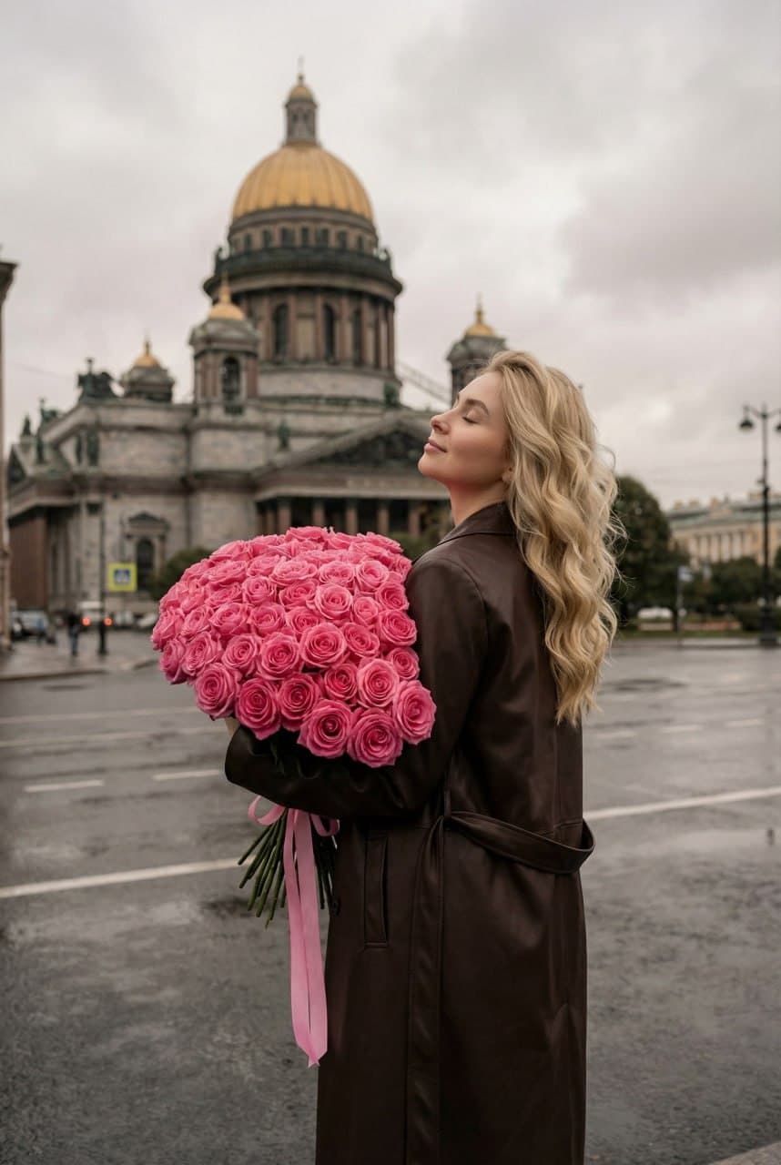ИИ-фотосессия по фото: девушка в длинном кожаном плаще с пышным букетом роз на фоне Исаакиевского собора в Санкт-Петербурге.
