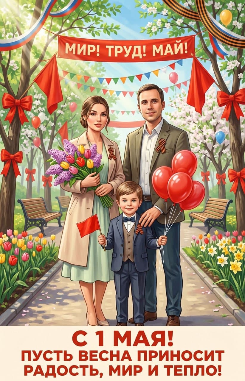 ИИ-фотосессия по фото: семья с ребенком в цветущем парке на советском плакате к 1 Мая с тюльпанами, шарами и лентами.