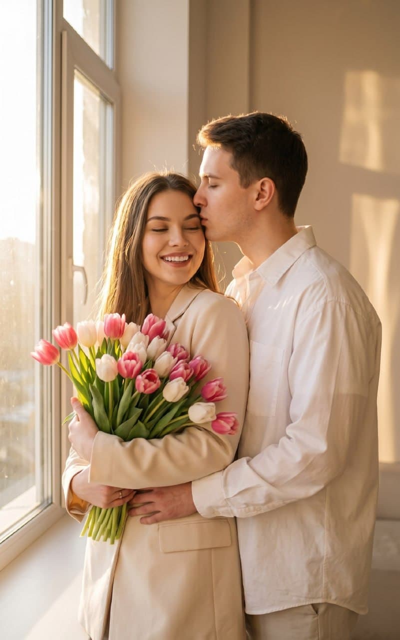 Нежный парный кадр с букетом