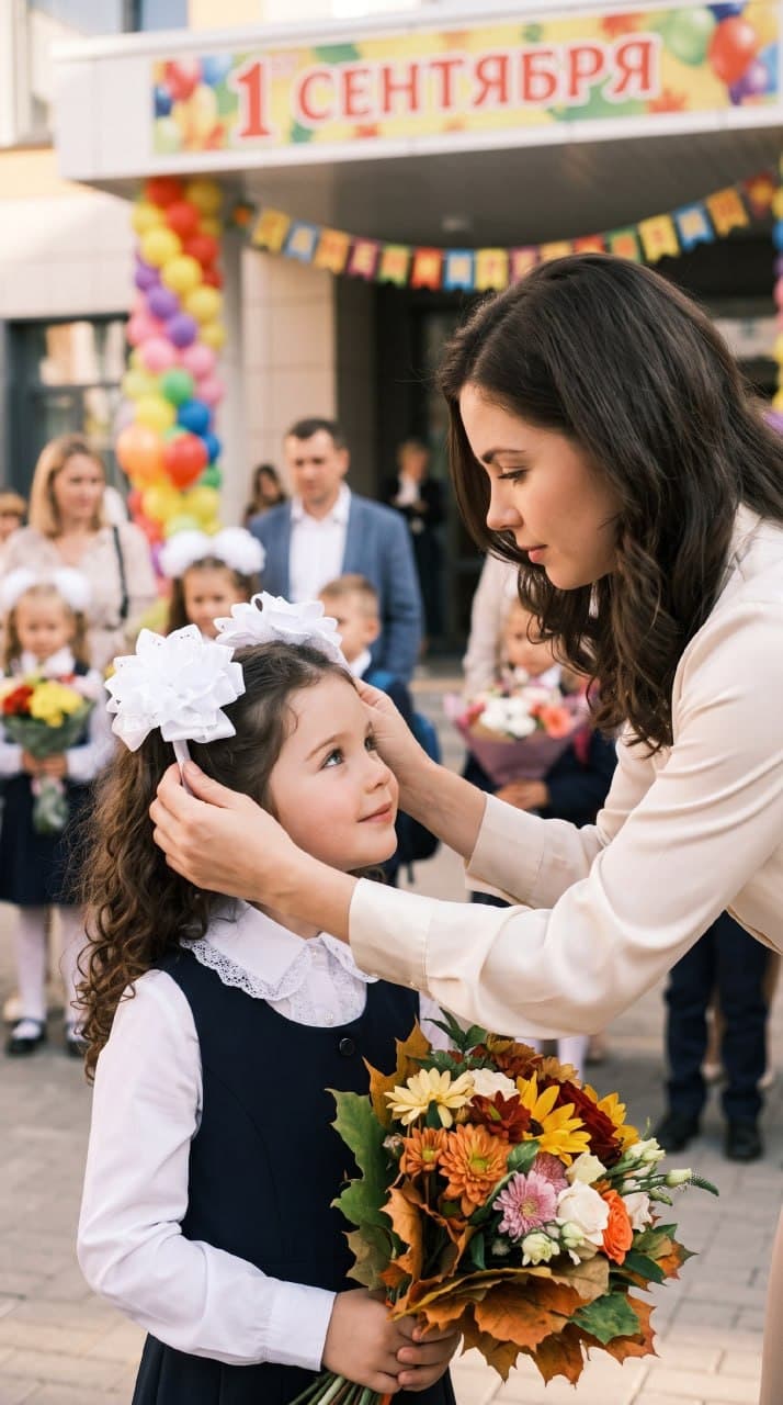 Первоклассница у школы