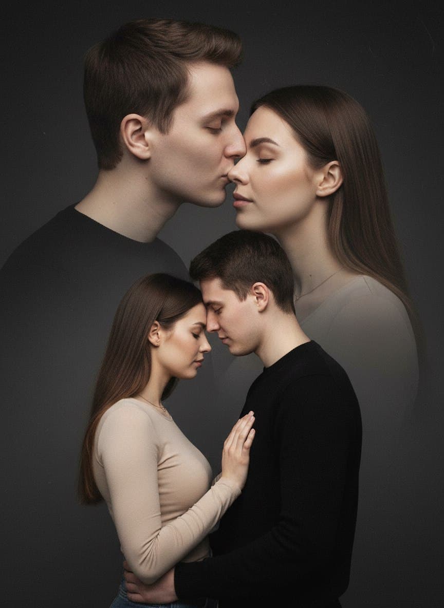 ИИ-фотосессия по фото: студийный портрет пары с двойной экспозицией на сером фоне, нежные объятия мужчины в черном и женщины в бежевом