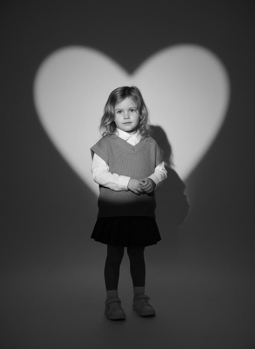 ИИ-фотосессия по фото: чёрно-белый портрет девочки в полный рост в жилетке и юбке на фоне проекции сердца из студийного света.