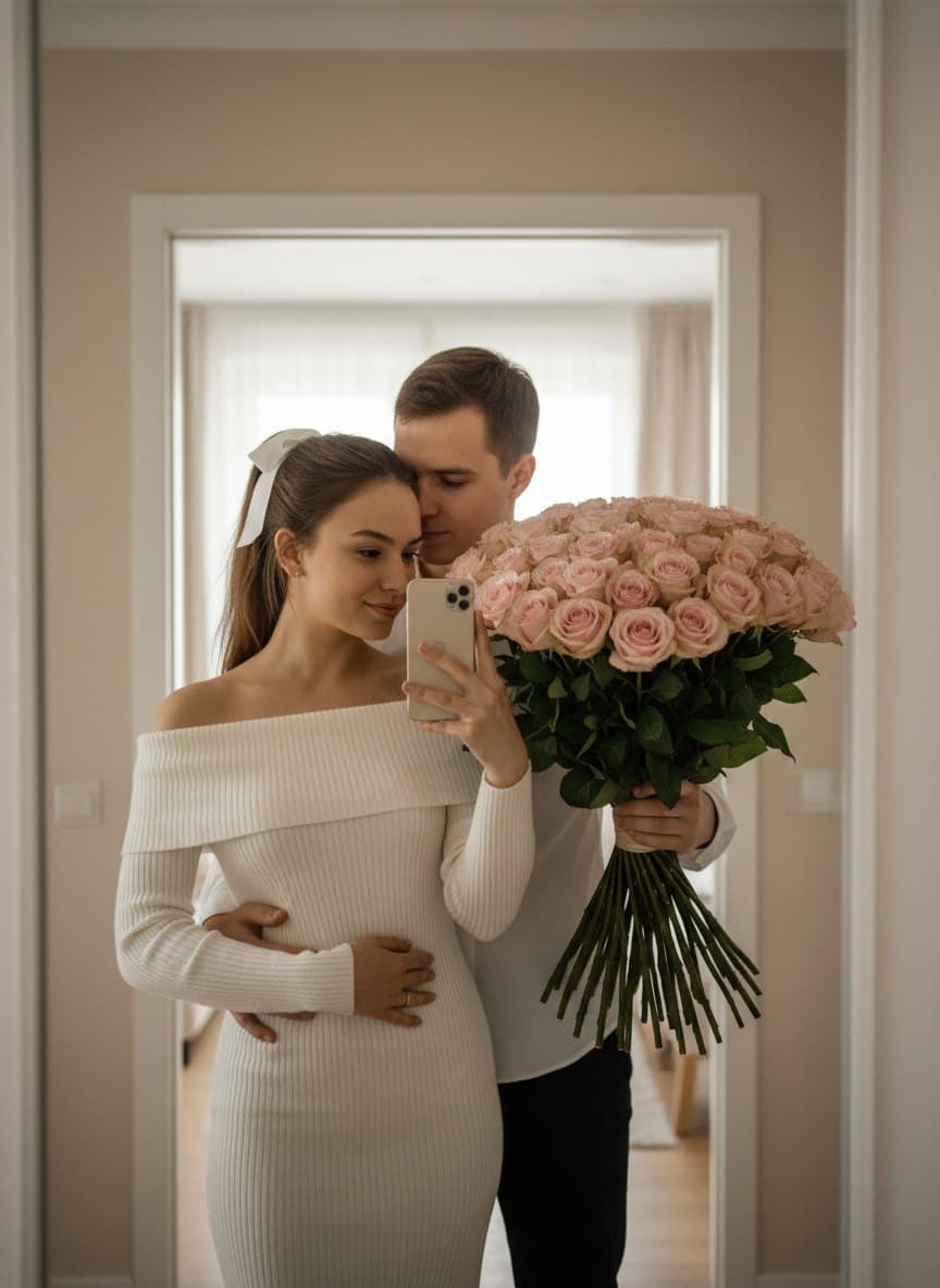 ИИ-фотосессия по фото: влюбленная пара делает селфи в зеркале светлой квартиры, мужчина обнимает девушку и держит большой букет розовых роз.