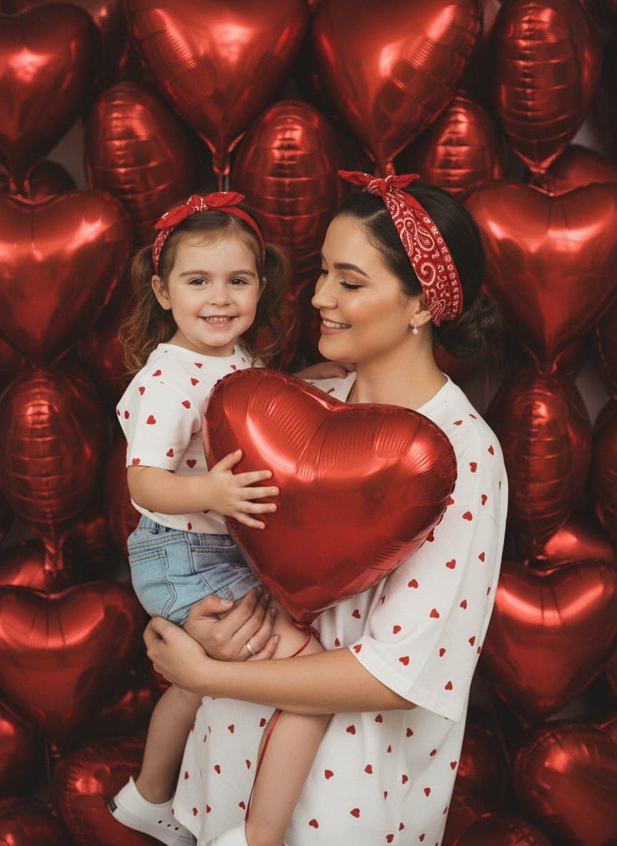 ИИ-фотосессия по фото: мама держит маленькую дочку на руках среди красных фольгированных шаров в форме сердец, обе в белых футболках с сердечками и красных повязках.