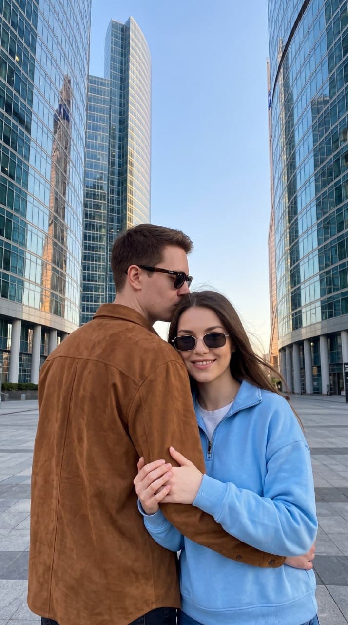 ИИ-фотосессия по фото: пара на площади у небоскребов Москва-Сити, мужчина в коричневой куртке целует девушку в голубом худи и солнцезащитных очках в макушку.