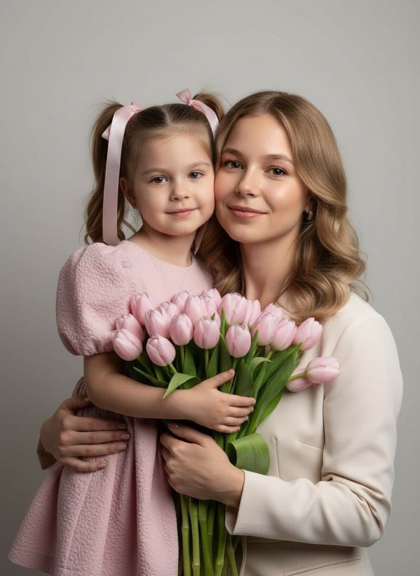 ИИ-фотосессия по фото: мама и маленькая дочь в светлых нарядах обнимаются и держат букет розовых тюльпанов в студии на сером фоне.