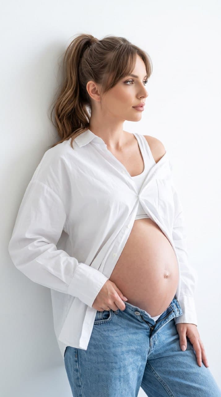 ИИ-фотосессия по фото: беременная женщина в белой расстёгнутой рубашке и свободных джинсах стоит у белой стены в студии, мягкий свет падает сбоку.