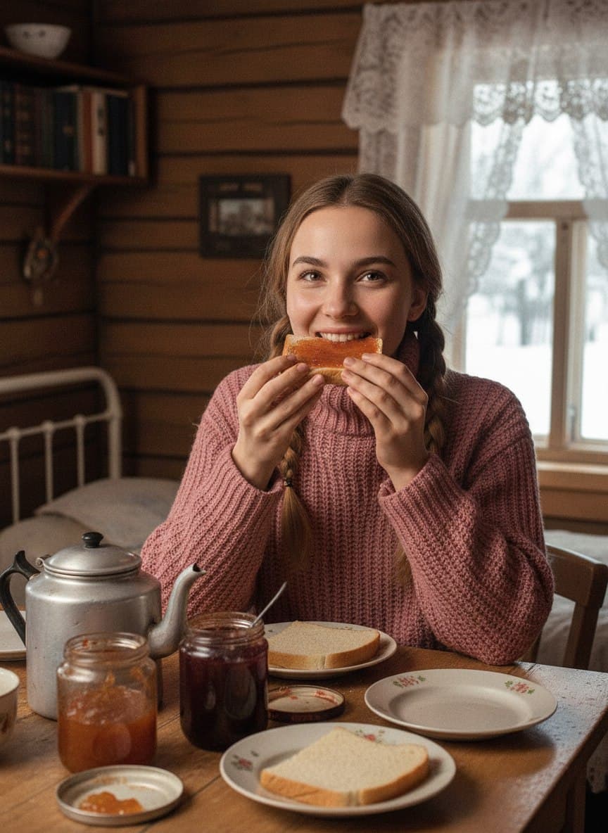 ИИ-фотосессия по фото: девушка в розовом свитере с косичками ест хлеб с вареньем за деревянным столом в избе в стиле фильма Девчата.