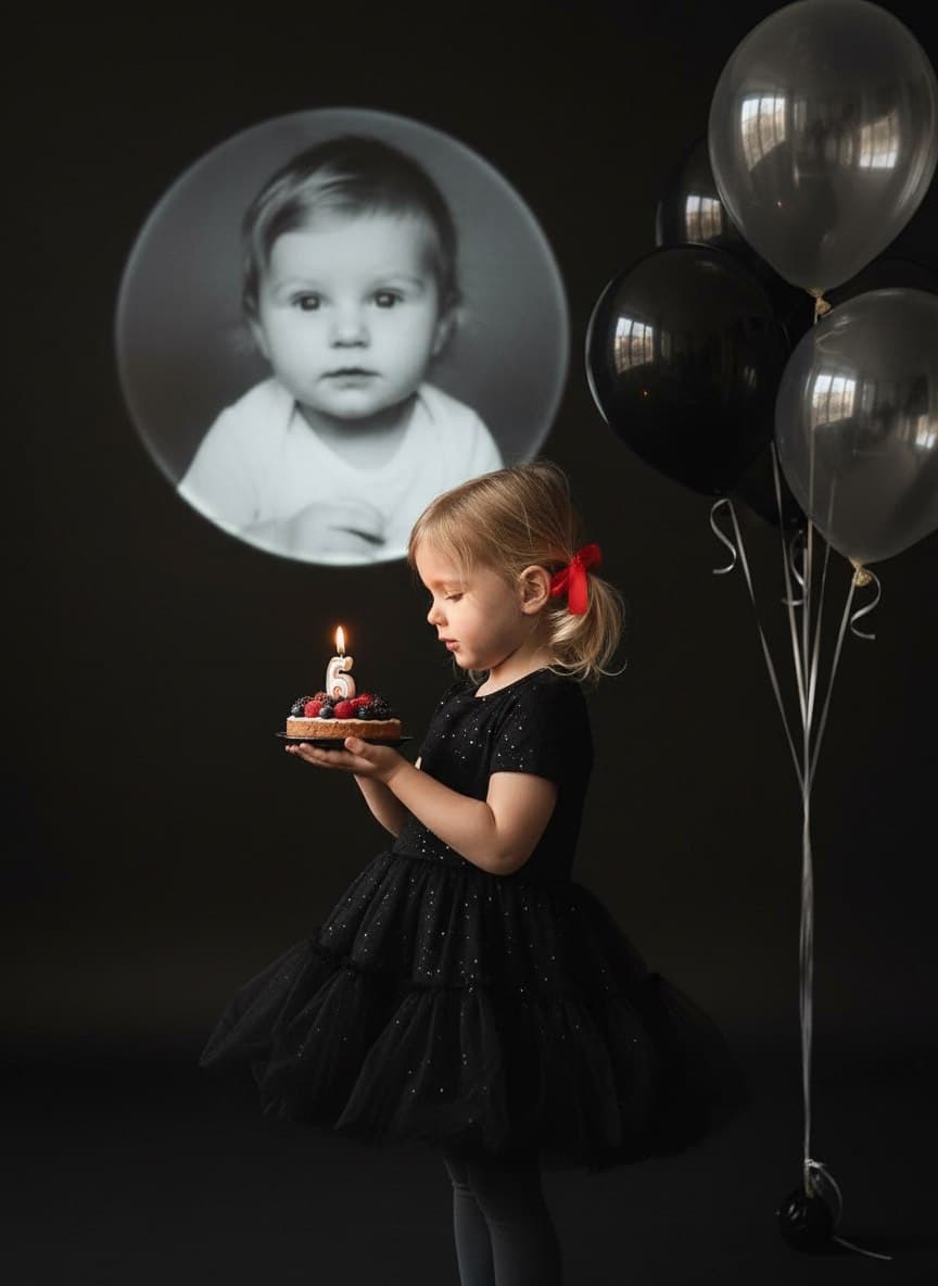 ИИ-фотосессия по фото: девочка в черном пышном платье держит праздничный торт со свечой на фоне воздушных шаров и проекции детского снимка.