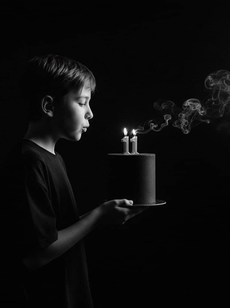 ИИ-фотосессия по фото: черно-белый студийный портрет мальчика в профиль, задувающего свечи-цифры на праздничном торте с клубами дыма