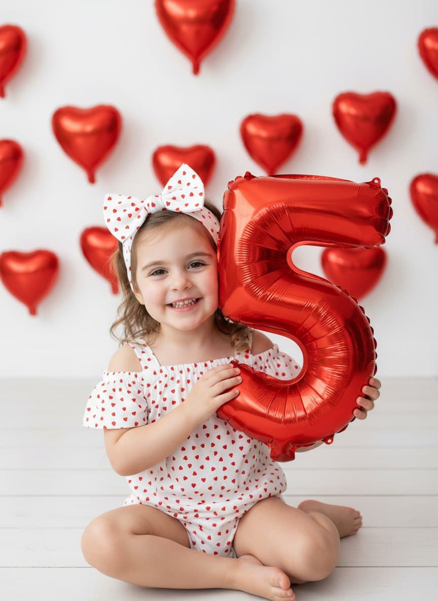 ИИ-фотосессия по фото: улыбающаяся девочка сидит на белом полу с большим красным фольгированным шаром в виде цифры 5 на фоне стены с шарами-сердечками.