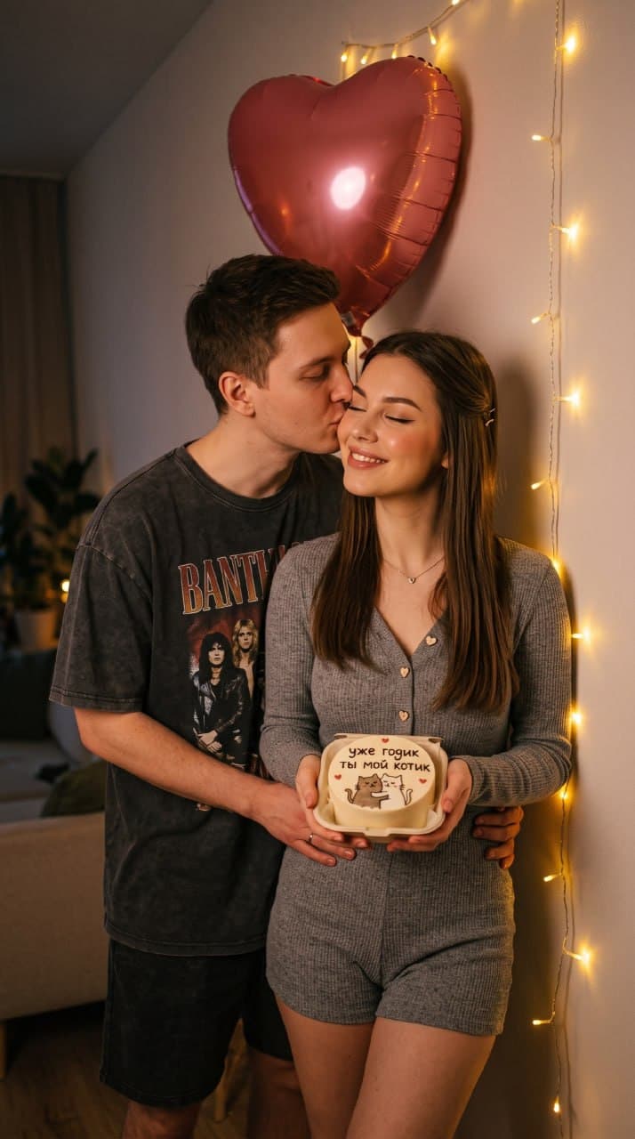 ИИ-фотосессия по фото: пара дома у стены с гирляндой и шаром-сердцем, парень целует девушку в щеку, девушка держит бенто-торт с надписью.