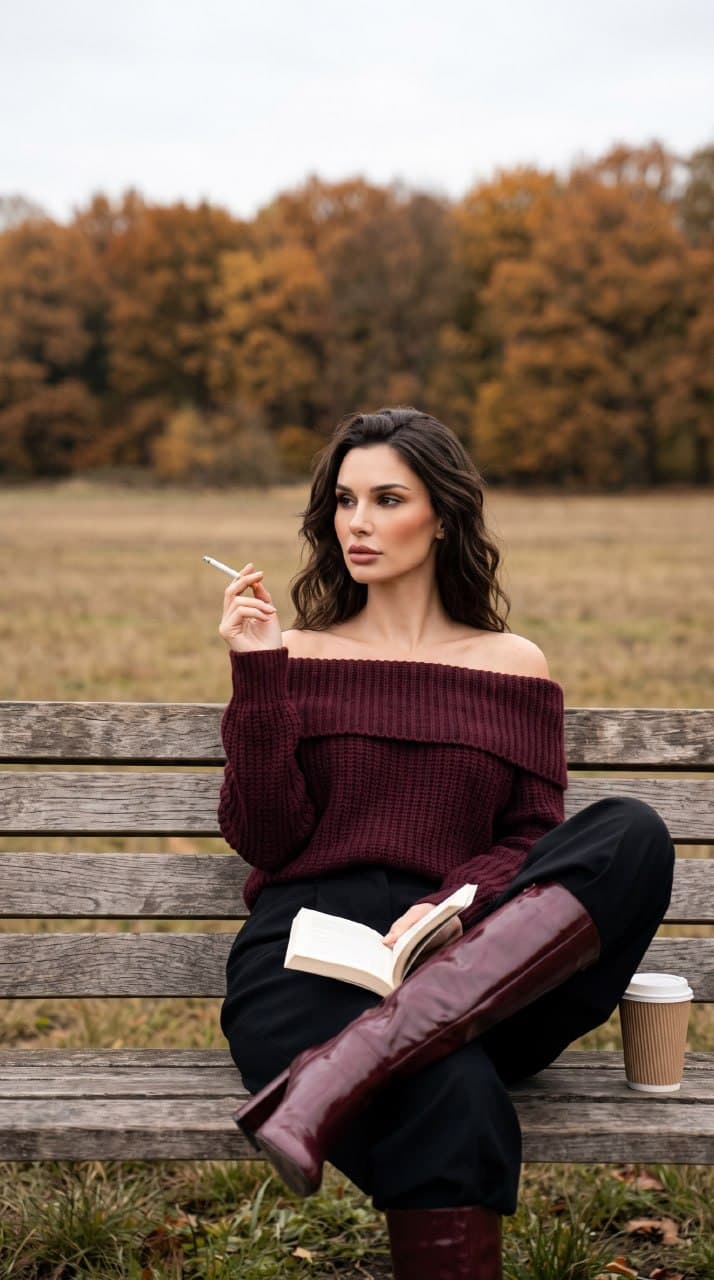 ИИ-фотосессия по фото: женщина на деревянной скамейке в бордовом свитере с книгой и сигаретой на фоне осенних деревьев.