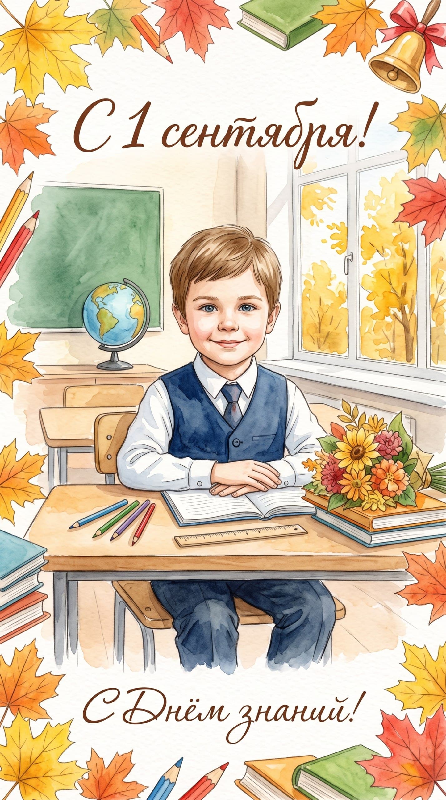 Открытка на 1 сентября в акварельном стиле для мальчиков