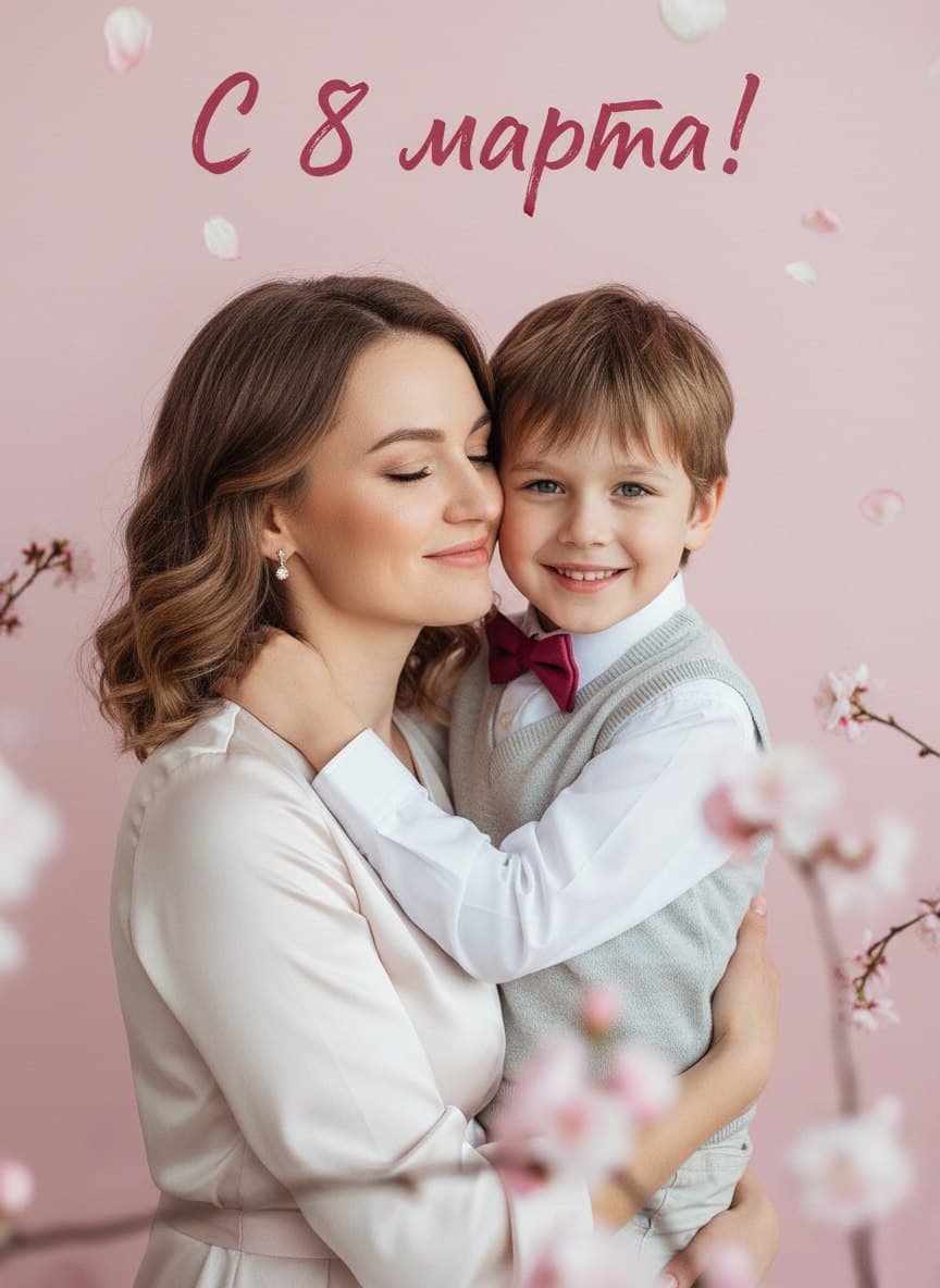 ИИ-фотосессия по фото: нежный семейный портрет мамы и сына в объятиях на розовом фоне с цветущими ветками и надписью «С 8 марта!»