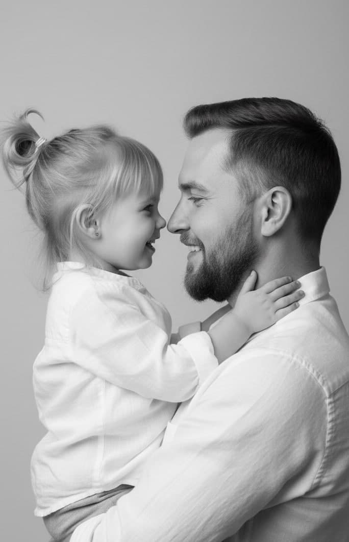 ИИ-фотосессия по фото: черно-белый студийный портрет отца с маленькой дочкой на руках в светлых рубашках на сером фоне.
