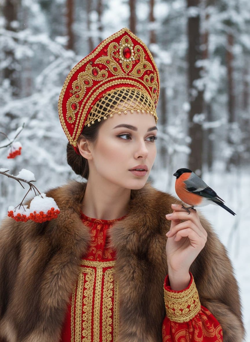 ИИ-фотосессия по фото: девушка в красном расшитом кокошнике и меховой накидке со снегирём на руке в заснеженном лесу рядом с рябиной.