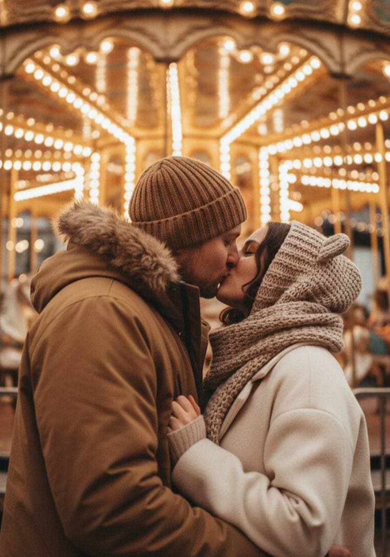 ИИ-фотосессия по фото: поцелуй пары на фоне светящейся вечерней карусели в тёплой зимней одежде.