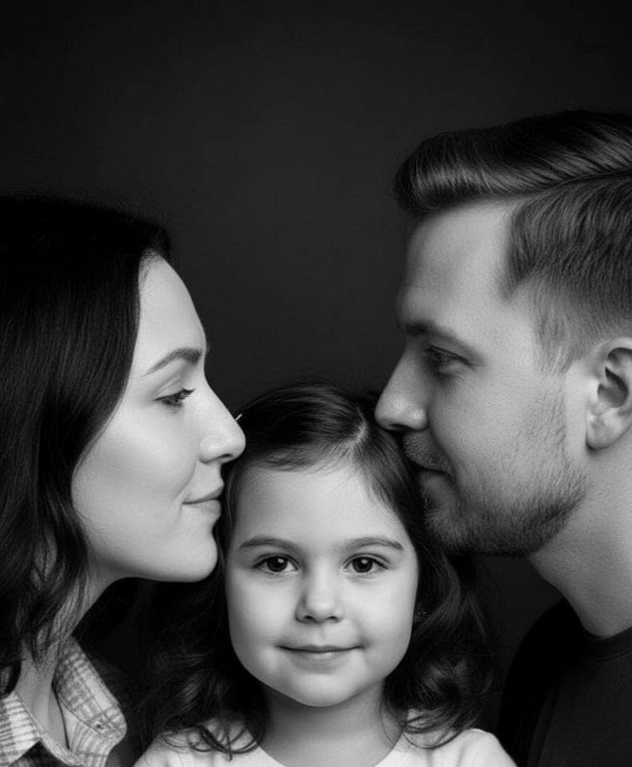 ИИ-фотосессия по фото: черно-белый студийный портрет мамы, папы и маленькой дочери крупным планом.
