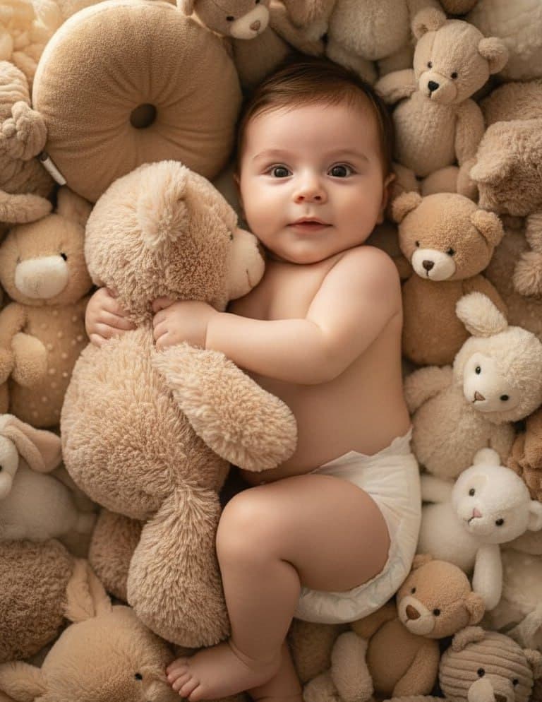 ИИ-фотосессия по фото: младенец в подгузнике лежит на спине среди множества мягких плюшевых мишек и держит одного из них ручкой.