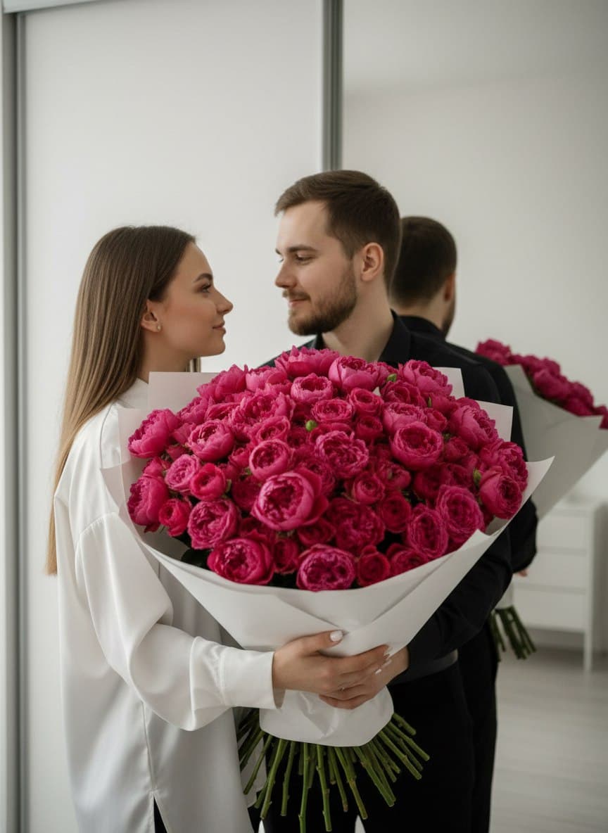 ИИ-фотосессия по фото: пара держит большой букет ярко-розовых пионовидных роз в светлой комнате