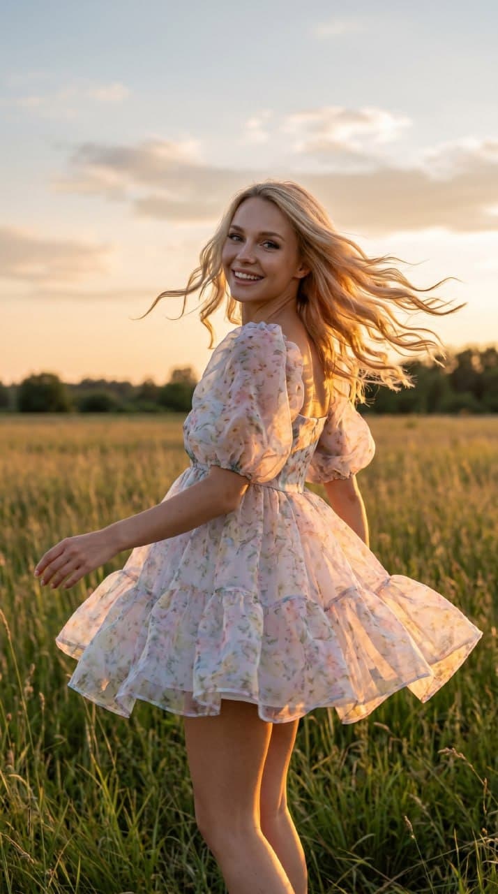 ИИ-фотосессия по фото: девушка кружится в поле в коротком воздушном платье с цветочным узором в лучах заката.