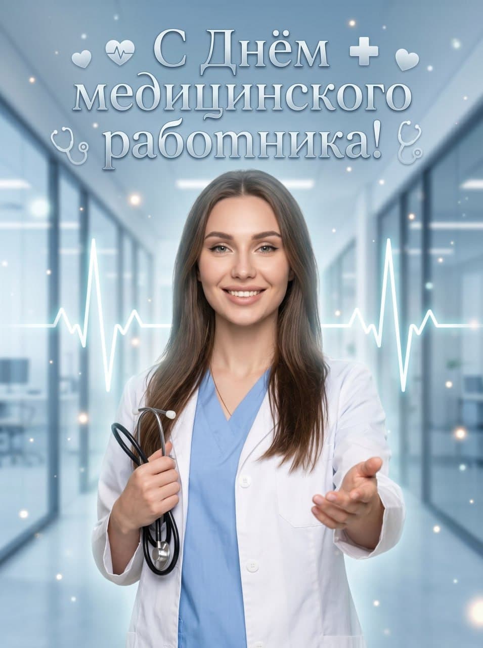 ИИ-фотосессия по фото: открытка ко Дню медицинского работника с женщиной-врачом в белом халате и со стетоскопом в современной клинике