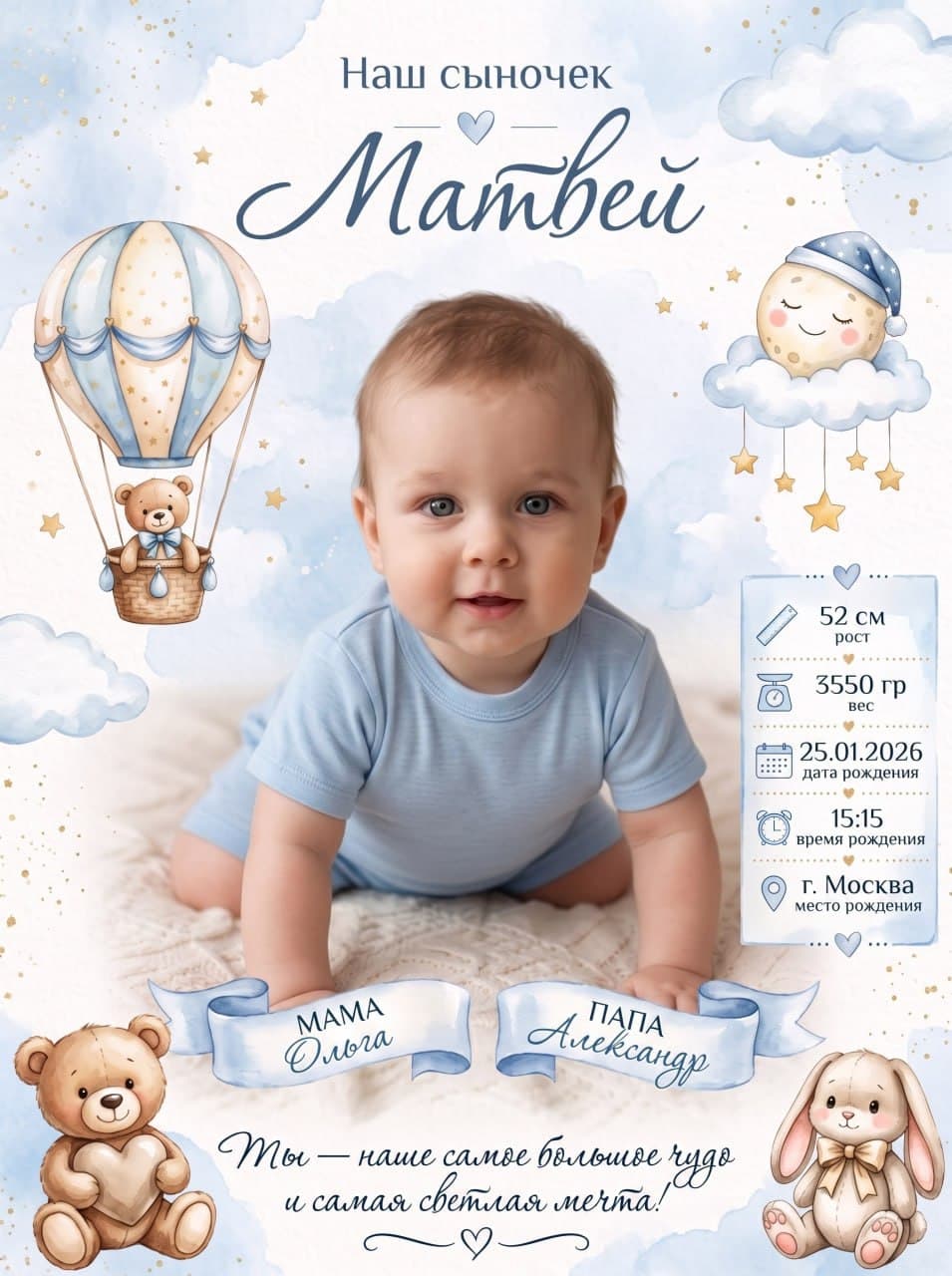 ИИ-фотосессия по фото: акварельный постер с метрикой мальчика, плюшевым медведем на воздушном шаре и данными о рождении.