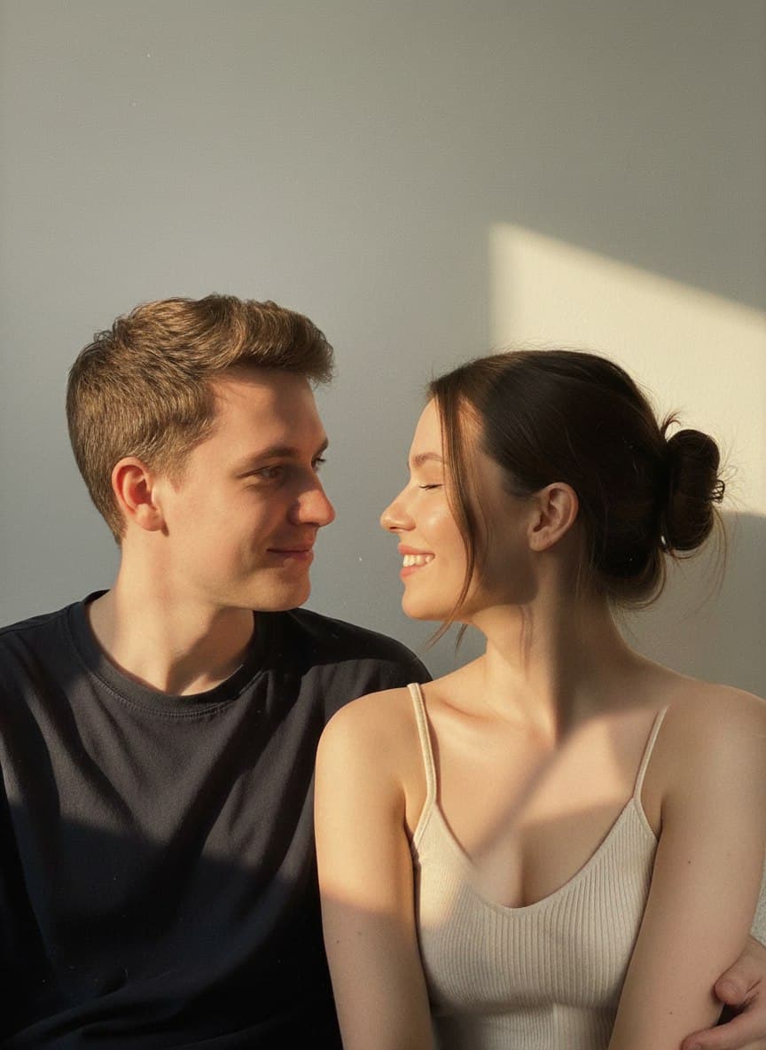 ИИ-фотосессия по фото: улыбающиеся мужчина и женщина крупным планом у белой стены в лучах жесткого солнечного света.