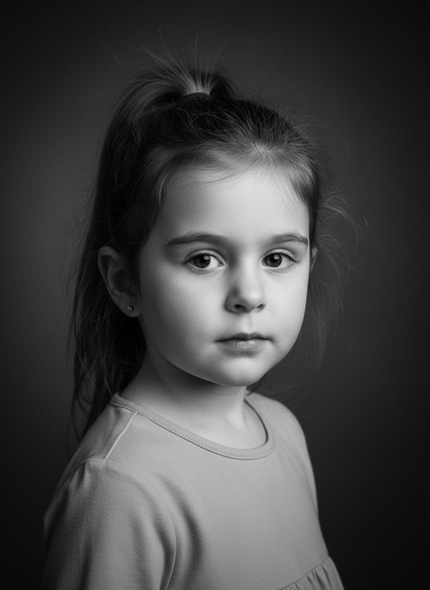 ИИ-фотосессия по фото: черно-белый крупный студийный портрет девочки со спокойным взглядом на темном фоне