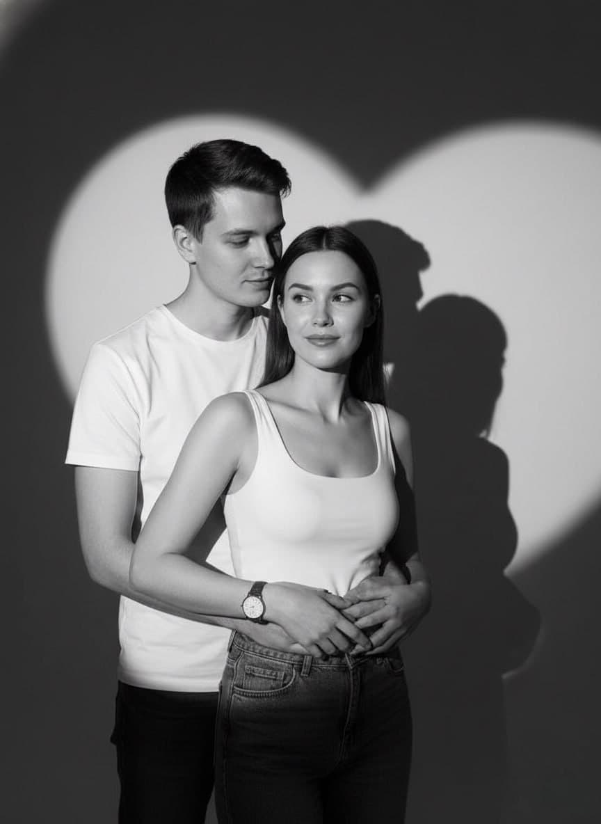 ИИ-фотосессия по фото: влюблённая пара в белых футболках в студии, мужчина обнимает девушку сзади на фоне стены со световым сердцем.