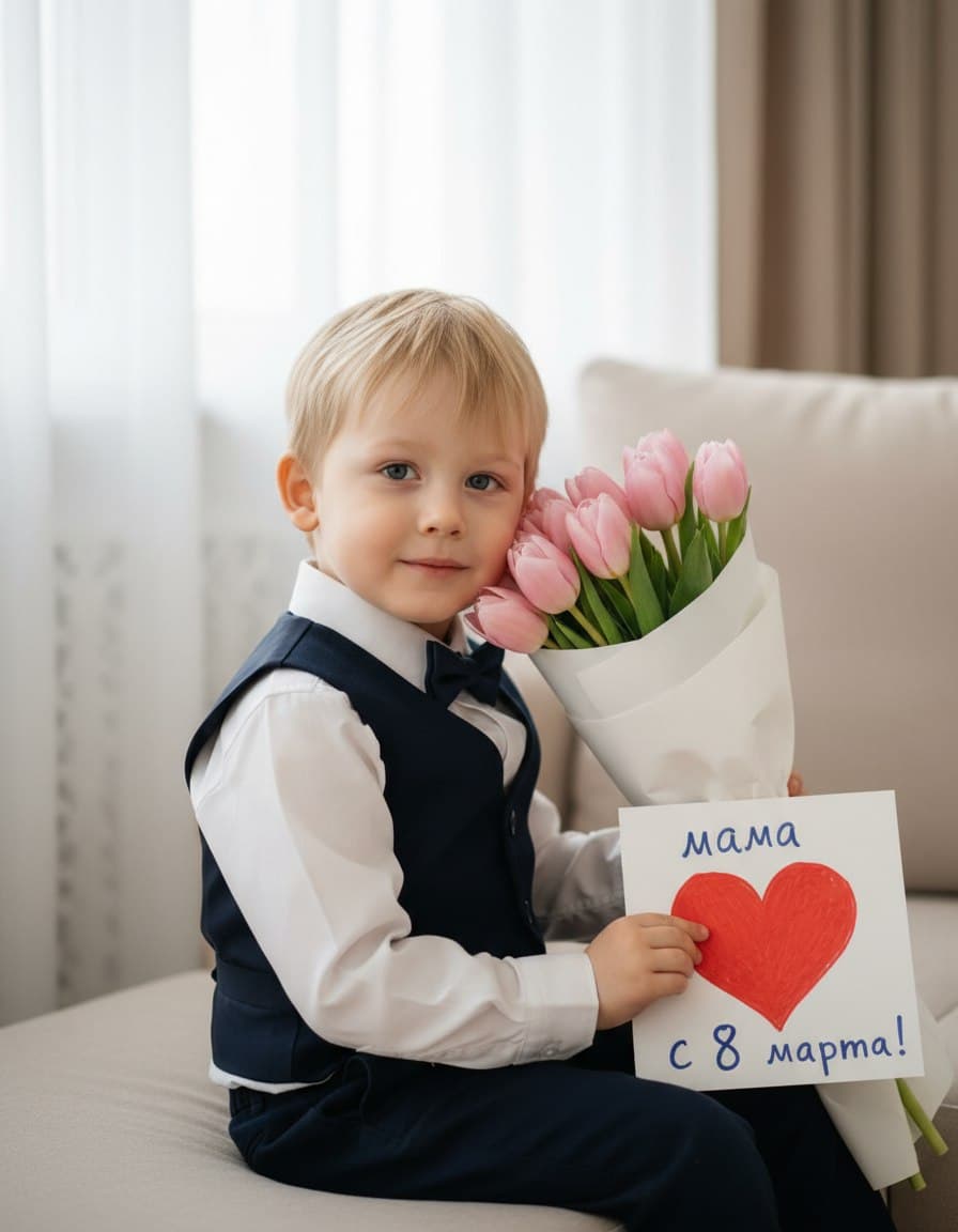 ИИ-фотосессия по фото: нарядный мальчик в жилете и с бабочкой сидит на светлом диване с букетом розовых тюльпанов и праздничной открыткой для мамы.