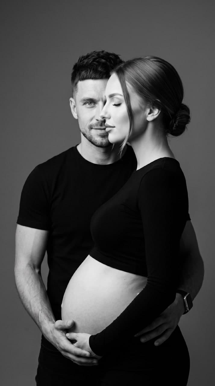 ИИ-фотосессия по фото: чёрно-белый студийный портрет будущих родителей в тёмной одежде, где мужчина обнимает беременную женщину за округлый живот.