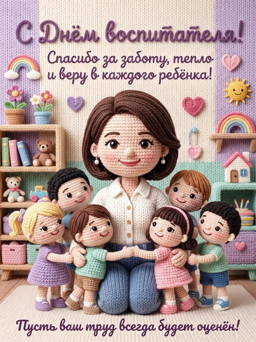 ИИ-фотосессия по фото: вязаная фигурка воспитателя в окружении детей из пряжи с праздничными надписями в интерьере детского сада.